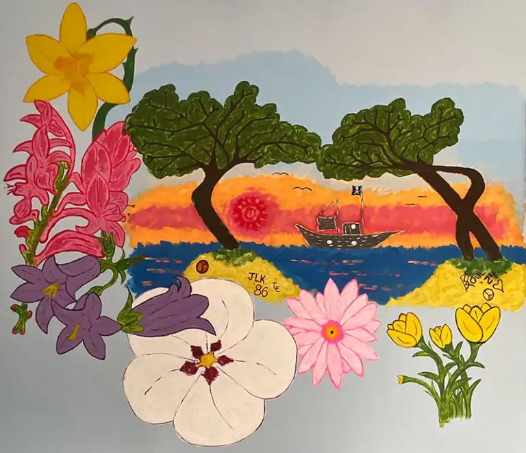 painting of a boat on water with flowers in foreground