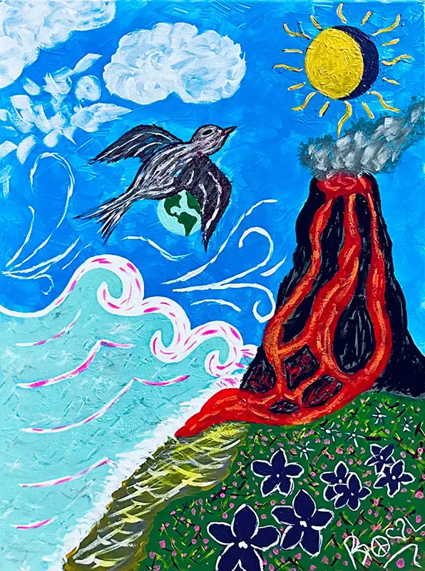 mural of lava mountain and a bird flying