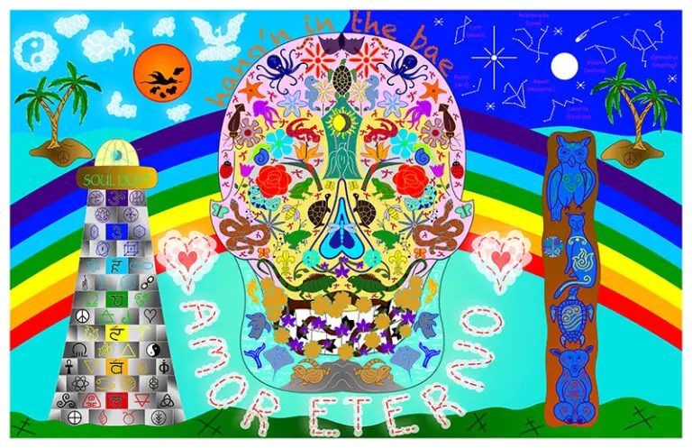 mural of lighthouse and skull that says amor eterno