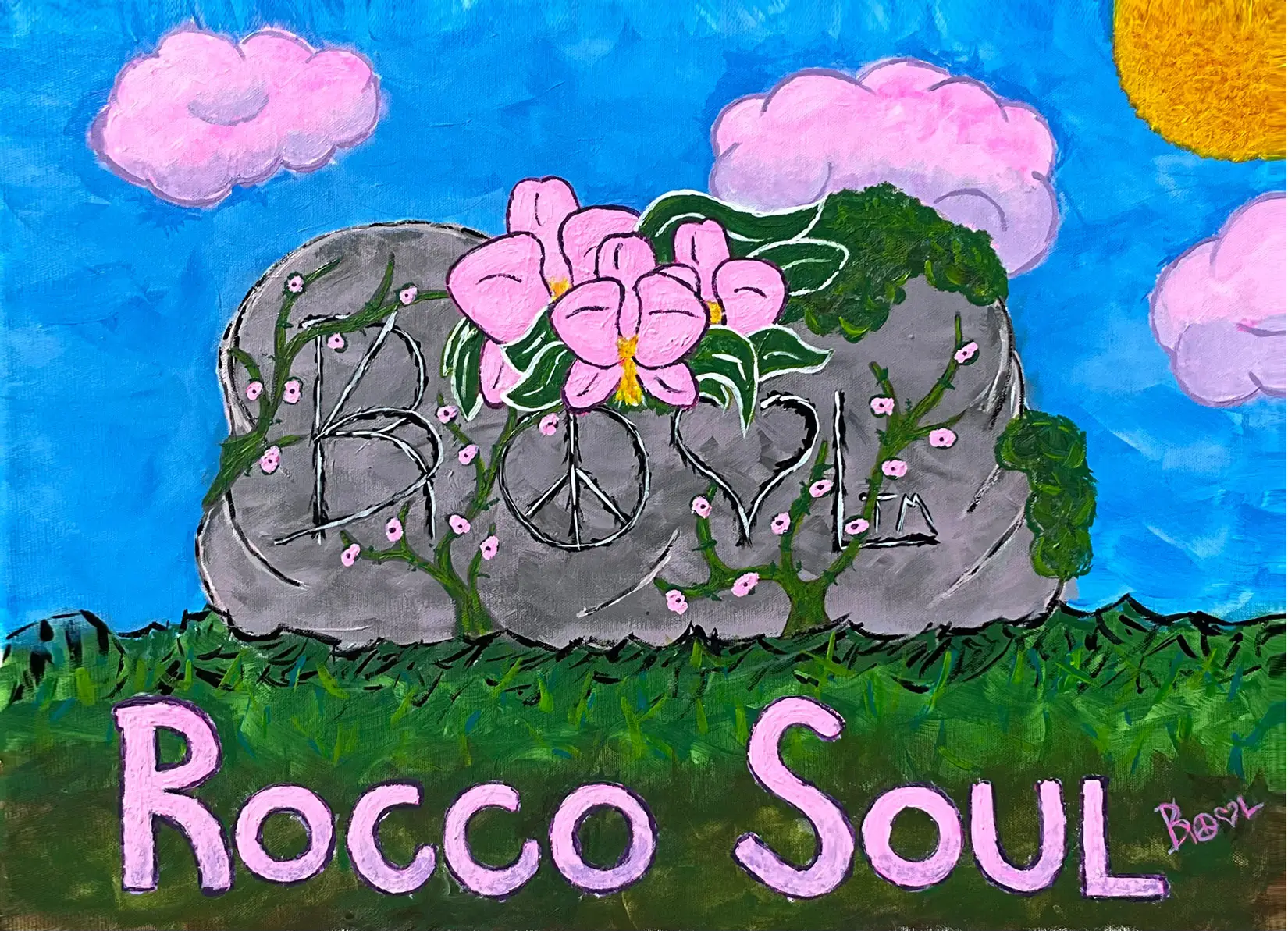 rocco soul painting with logo on a rock